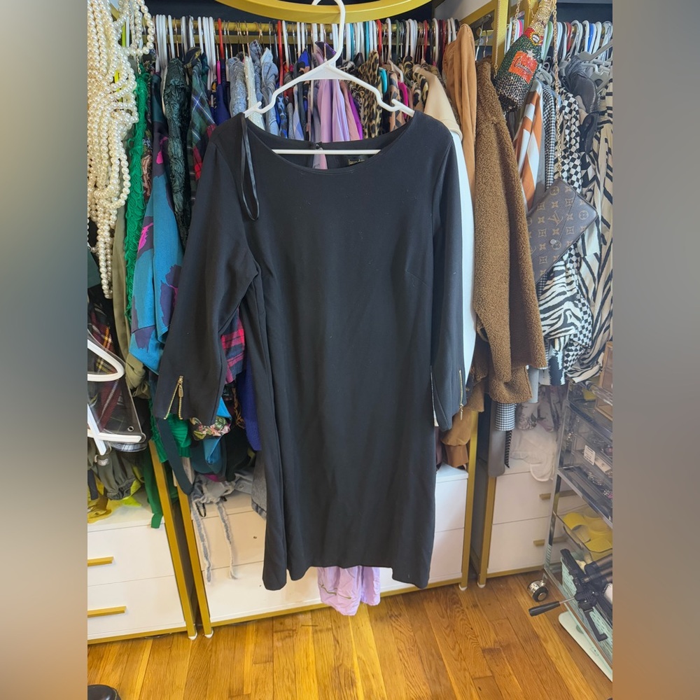 Laundry by Shelli Segal Black Midi Dress with Gold Zipper Accents (Size 10)